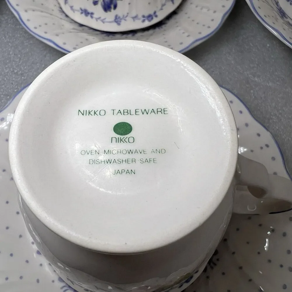 Vtg Nikko Blue Peony Tea Cup & Saucer 6 Sets Blue Floral Dot Cottagecore Japan